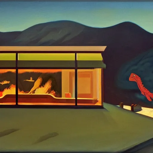 Image similar to painting of the extinction of the dinosaurs with asteroid and fire, in the style of edward hopper