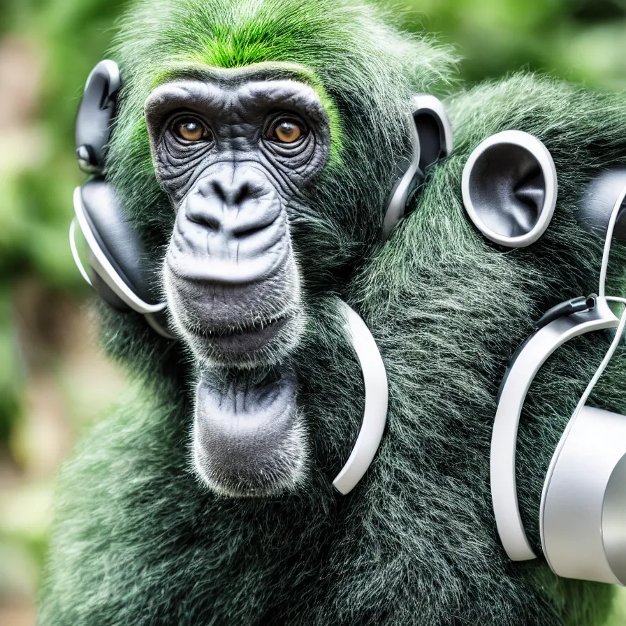 Image similar to a high quality photo of a green chimp wearing headphones, realism, 8k