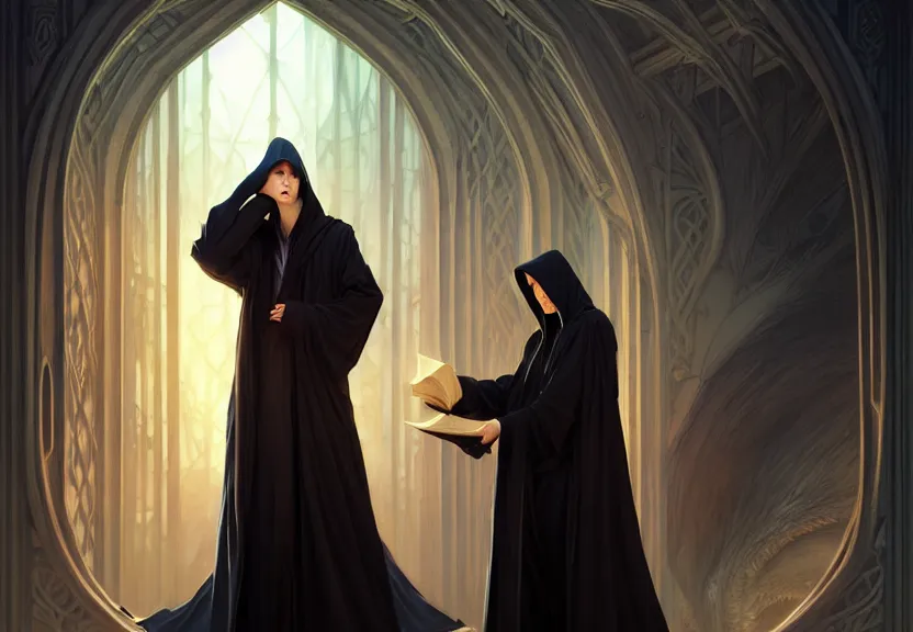 Prompt: portrait of a tall, hooded figure wearing robes and holding a massive tome, fantasy magic, dark light night, intricate, elegant, sharp focus, illustration, highly detailed, digital painting, concept art, matte, art by wlop and artgerm and greg rutkowski and alphonse mucha, masterpiece