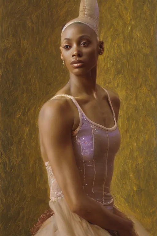 Image similar to portrait of a gorgeous graceful nubian prima ballerina, by donato giancola and berthold woltze.