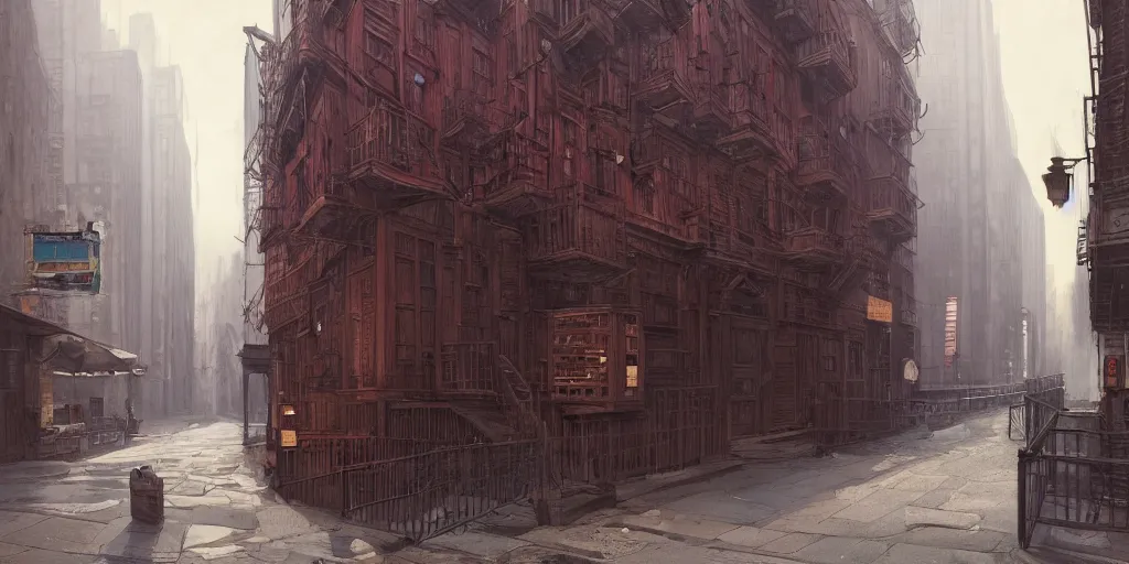 Image similar to photo of a wooden door and wooden facade on a city street in new york. architecture. trending on artstation. cgsociety. art by greg rutkowski and moebius.