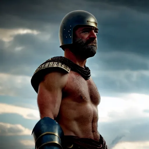 Image similar to cinematic action shot of joe biden as leonidas in 3 0 0 movie, 8 k, epic moody sky, dramatic lighting