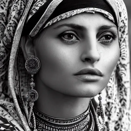 Prompt: vintage portrait of a stunningly beautiful arabic tribal female, depth of field, zeiss lens, detailed, symmetrical, centered, fashion photoshoot, by edward s curtis, Annie Leibovitz and Steve McCurry, David Lazar, Jimmy Nelsson, Breathtaking, 8k resolution, extremely detailed, beautiful, establishing shot, artistic, hyperrealistic, beautiful face, octane render