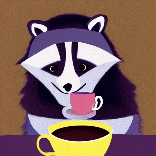 Prompt: raccoon with cup of tea by cozy fireplace, childrens book illustration,