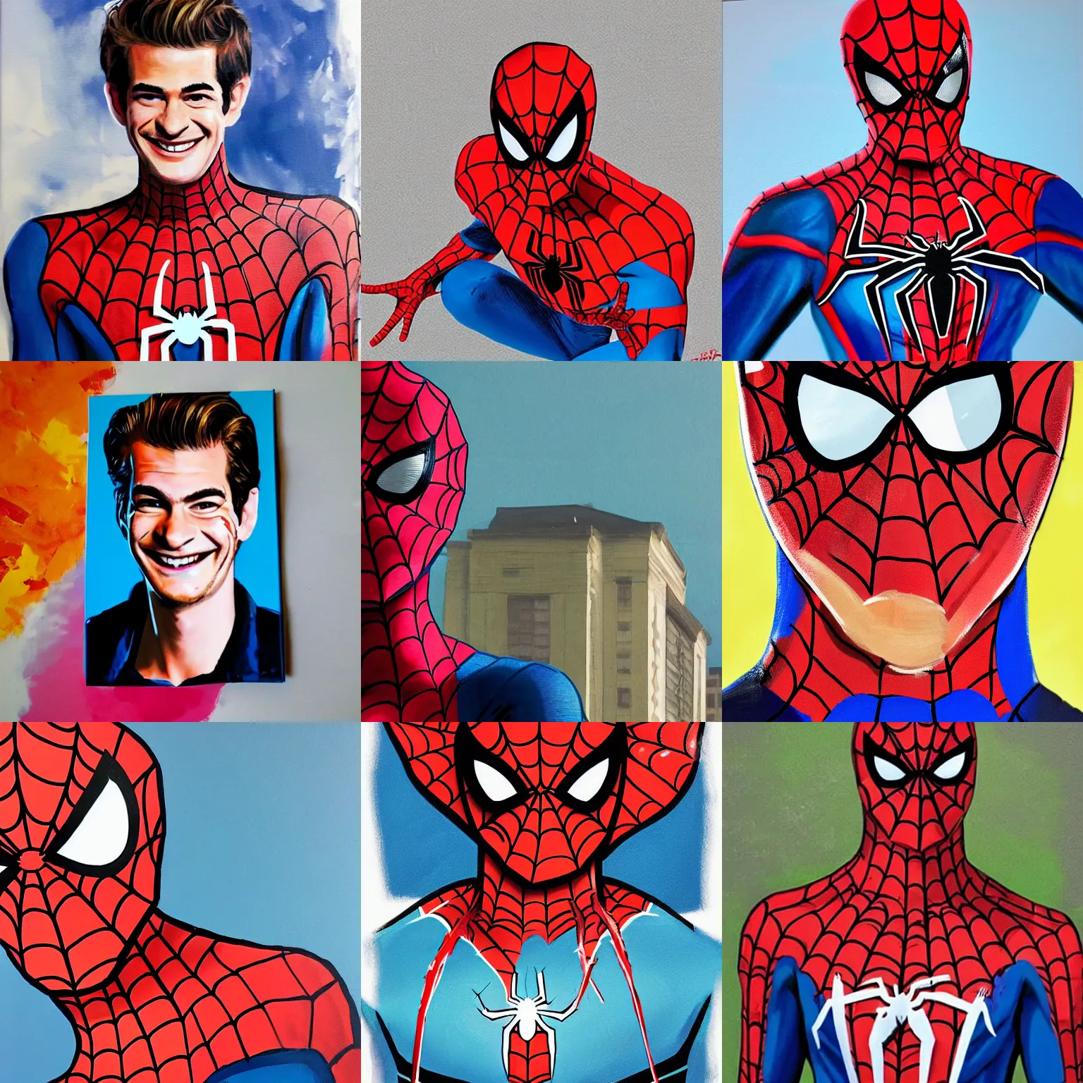 Prompt: A paint with Andrew Garfield smiling in Spider-Man costume in the style of Andy Warho