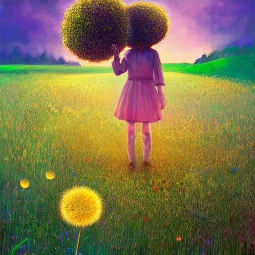 Image similar to girl with dandelion face, surreal photography, dream, standing in flower field, hills, big trees, sunrise dramatic light, impressionist painting, colorful clouds, digital painting, pointillism, artstation, simon stalenhag