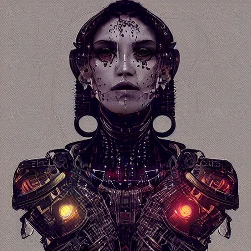 Image similar to “portrait of a standing arrogant android goddess, shaman, sword, evening, dark, intricate, very detailed, science fiction, trending on artstation, Nero, Russ Mills, Taino Matsumoto”