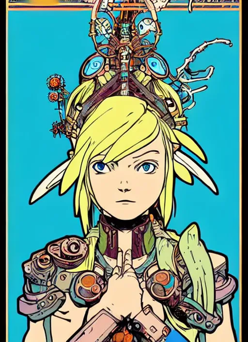 Image similar to biopunk fierce diety!! link from zelda!! portrait illustration, pop art, splash painting, art by geof darrow, ashley wood, alphonse mucha, makoto shinkai