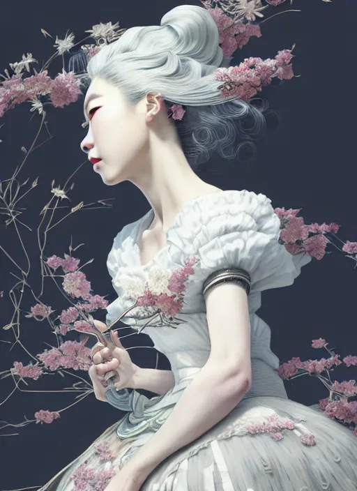 Prompt: portrait of a beautiful japanese princess with white hair dressed as a french maid, elegant, highly detailed, digital painting, an ultrafine detailed illustration by james jean, intricate linework, octane render, by ruan jia and zeen chin and alphonse mucha, unreal engine 5 highly rendered, ethereal, ominous, detailed and intricate environment