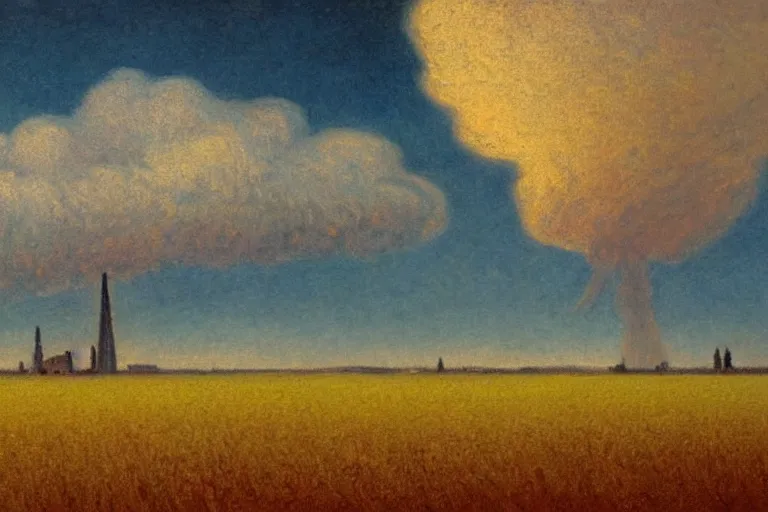 Prompt: wheat field and a nuclear explosion in the background, painting in style of Aleksey Savrasov,