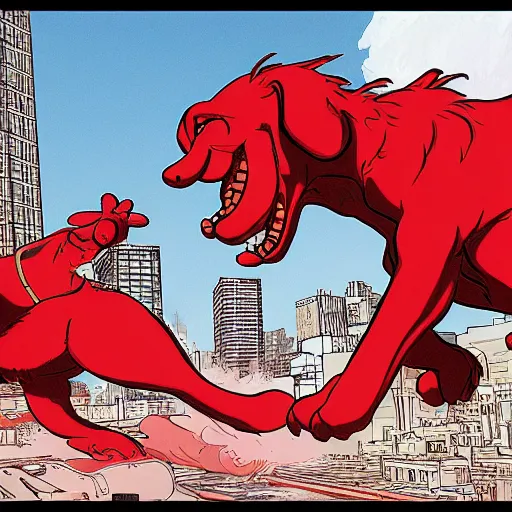 Prompt: clifford the big red dog fighting monsters, in the style of akira, detailed, trending on artstation, 8 k