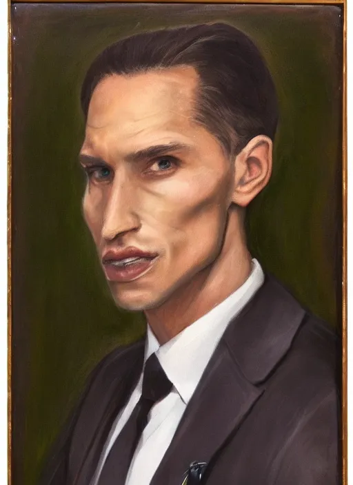 Image similar to a hyper realistic portrait of a handsome male alien in a suit