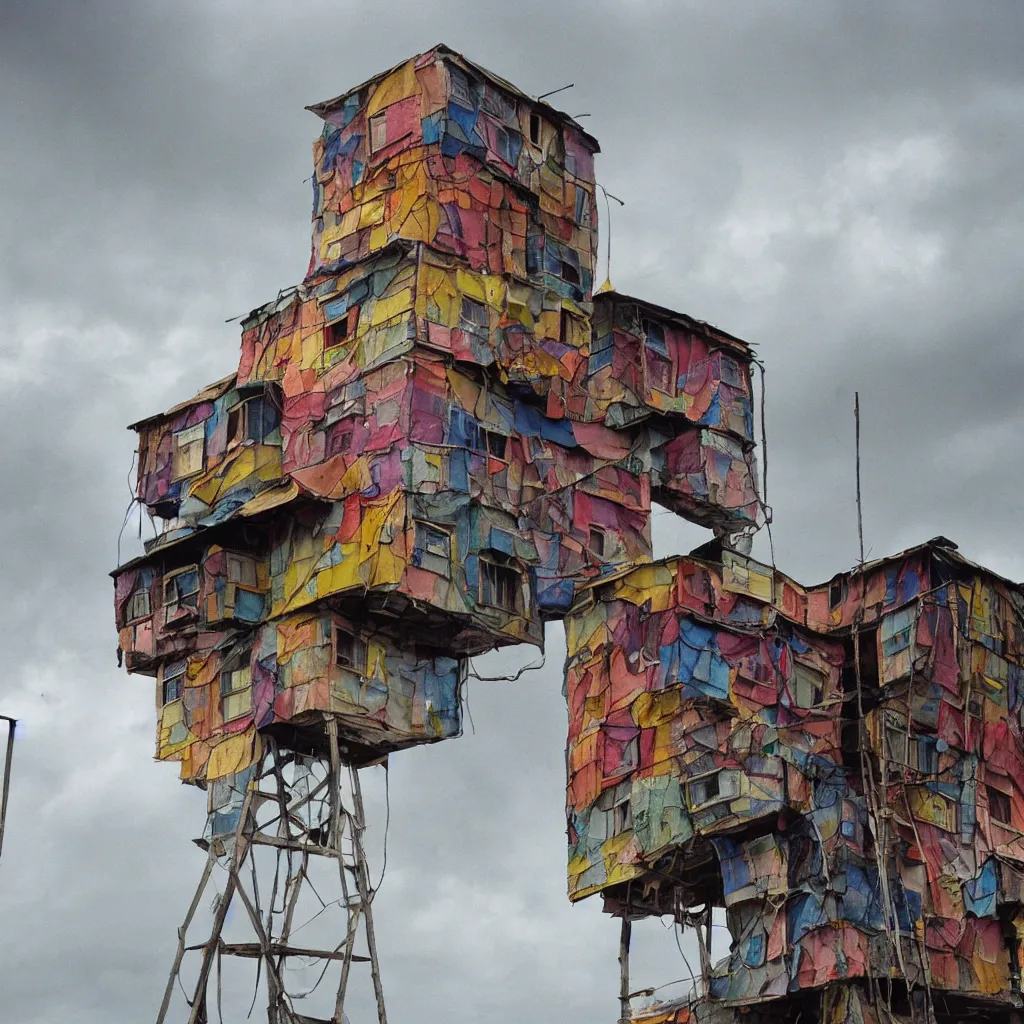 Image similar to close - up view of a tower made up of colourful makeshift squatter shacks, bleached colours, moody cloudy sky, dystopia, mamiya, f 1. 8, very detailed, photographed by bruno barbey and man ray