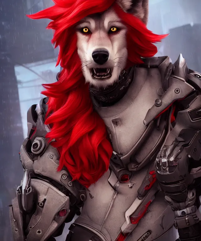 Image similar to portrait of a male anthropomorphic dark gray wolf with red hair in a futuristic city, hyper detailed, digital art, trending in artstation, cinematic lighting, studio quality, smooth render, unreal engine 5 rendered, octane rendered, art style by pixar dreamworks warner bros disney riot games and overwatch.