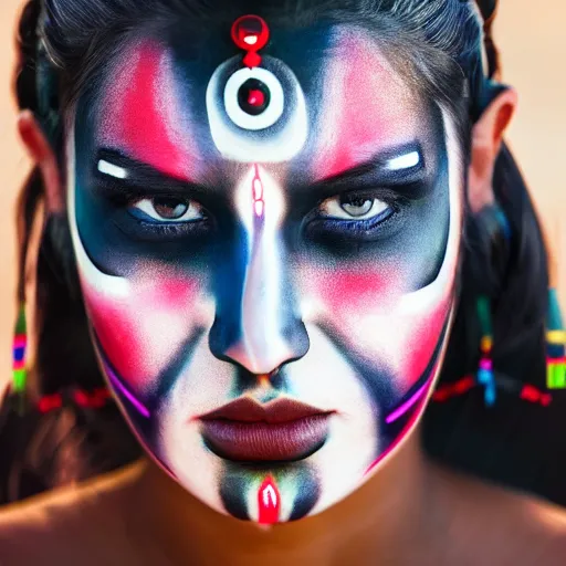 Image similar to a beautiful female indigenous warrior with futuristic face paint, neon ornamental markings, photorealistic, cinematic lighting, high resolution 4 k