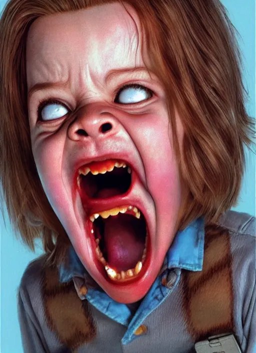 Image similar to twin peaks movie poster art, portrait of chucky doll screaming, from scene from twin peaks, clean, simple illustration, nostalgic, domestic, highly detailed, digital painting, artstation, concept art, smooth, sharp focus, illustration, artgerm, donato giancola, joseph christian leyendecker, wlop