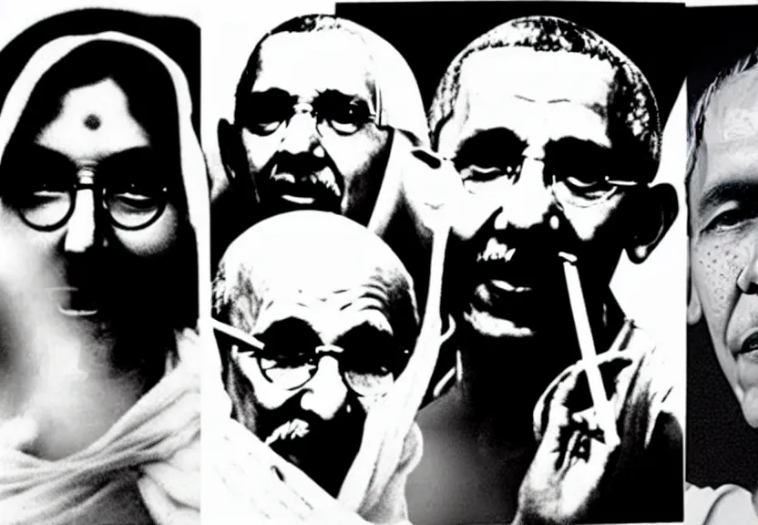 Prompt: Gandhi , Obama, Jesus, And Lady GaGa sharing a joint smoking in a circle, photograph credit: AP, Andy Warhol, photograph, by Beeple