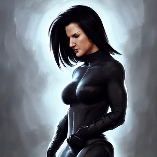 Image similar to gina carano with robotic left arm, casual black clothing, casual pose, large portrait, cyberpunk, digital painting, artstation, concept art, smooth, 8 k frostbite 3 engine, ultra detailed, art by artgerm and greg rutkowski and magali villeneuve