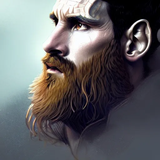 Image similar to Lionel Messi with a majestic beard, closeup, D&D, fantasy, intricate, elegant, highly detailed, digital painting, artstation, concept art, matte, sharp focus, illustration, art by Artgerm and Greg Rutkowski and Alphonse Mucha