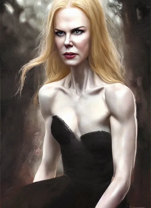 Image similar to girl looks like nicole kidman with pale white skin and long blonde hair, muscular upper body, beautiful highly detailed face, complementary lighting, backlit, black eyeshadow, dark eyes, adventure, dramatic lighting, landscape background, beautiful painting by artgerm and greg rutkowski and raymond swanland