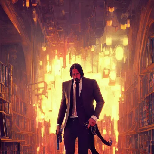 Prompt: John Wick, Doom Eternal, steampunk city, magic library, carving on southern ice porcelain , overdetailed art, by greg rutkowski, by Alfons Mucha, complementing colors, colorful lights, fireflies, detailed illustration, octane render, smoky