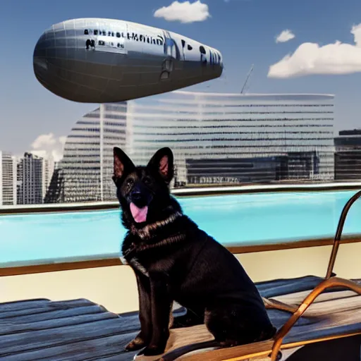 Prompt: a swanky gsd puppy relaxing at the pool on a penthouse rooftop with a futuristic blimp anchor in the background, 8K, 4K, UE5, Octane, RTX, Ray Tracing, Bokeh, happeening