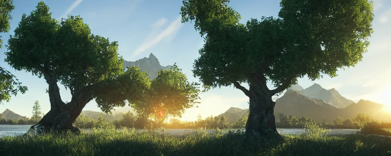 Image similar to big realistic tree near to a river on sunset with reflection on the leaves and mountains in the background, landscape, extremely high fidelity, 8 k, super resolution, concept art, cinematic view, super resolution, unreal engine 5, perspective 3 d octane render, light rays, lens flare, epic, hyperdetailed