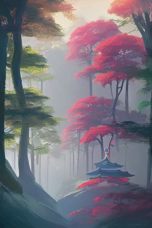 Prompt: Japanese Torii in a colorful moutain with trees ,morning , by Grzegorz Rutkowski, concept art