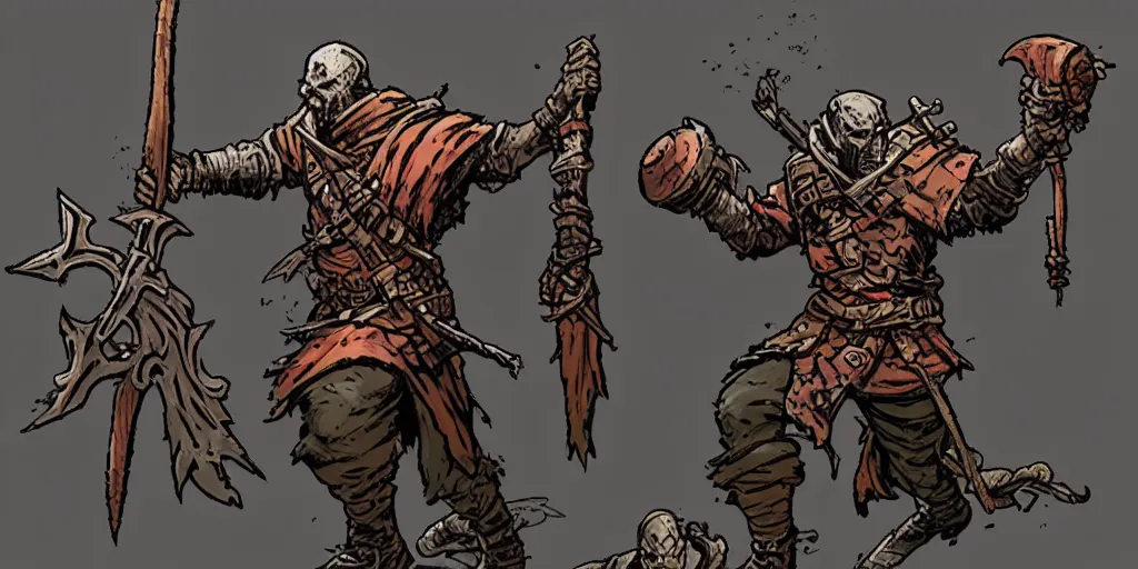 Prompt: warrior enemy character design. idle. attack. darkest dungeon. pc game. sideview. transparent background. art by moebius and thomas kinkade and greg rutkowski.