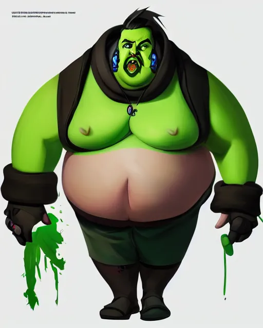 Prompt: overwatch concept art character portrait of a new character who is a obese chubby man with a punk mohawk neon green hair with clean shaven and long crooked nose and round cheeks, trending on artstation, cgsociety,