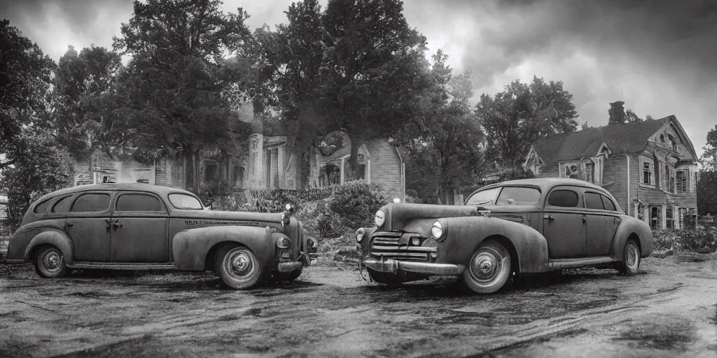 Prompt: Lovecraft Country, ultra detailed haunted house, stormy weather, rain, ultra detailed rain clouds, establishing atmospheric shot, unreal engine, F11 aperture, night, detailed volumetric fog, lighting and thunder, film grain, one ultra detailed grey 1948 Packard Station Sedan parked in the street,