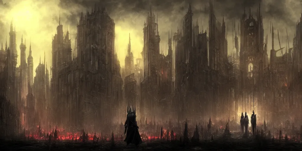 Image similar to a huge megacity in the style of bloodborne, dark souls, demon souls, gothic art, dark fantasy, concept art, digital painting, volumetric lighting, trending on art station, night time, moon light, god rays, highly detailed