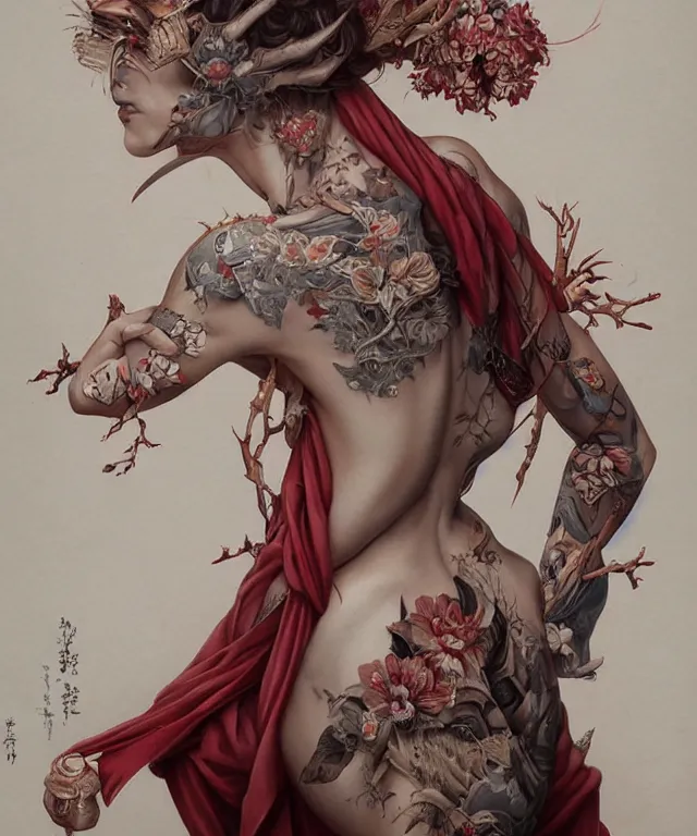 Image similar to ultra realistic illustration, beautiful woman dressed in a crimson kimono, backview, tattoos, in the style of peter mohrbacher by weta digital and beth cavener, high face symmetry, intricate, masterpiece, award winning, high face symmetry, intricate