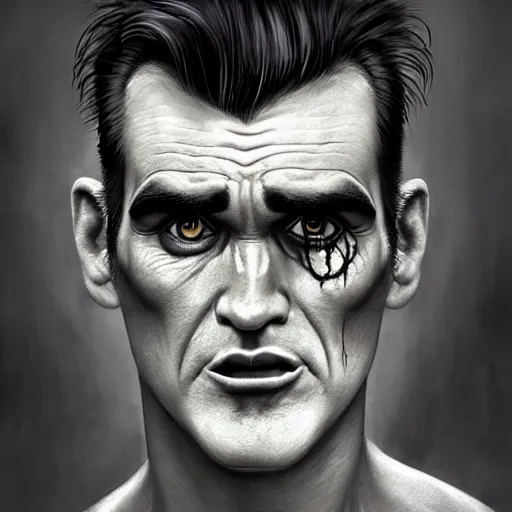 Image similar to portrait of a young and handsome zombie morrissey as a zombie with cuts and with a large quiff and thick eyebrows, 7 days to die zombie, fine art, award winning, intricate, elegant, sharp focus, cinematic lighting, digital painting, 8 k concept art, art by z. w. gu, art by brom, art by michael hussar, 8 k