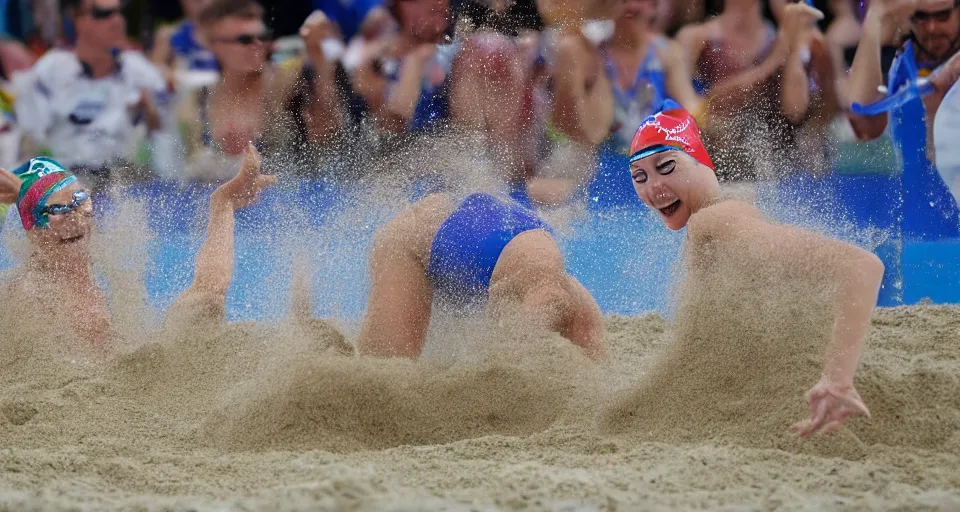 Image similar to olympic swimming in sand instead of water, extremely coherent, motion blur