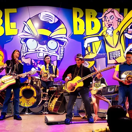 Prompt: bumblebee rock band with instruments on stage from an archie comic book