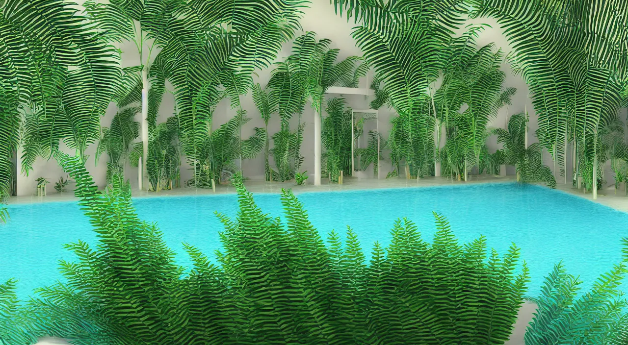 Prompt: 3d render of indoor pool with ferns and palm trees, pool tubes, chromatic abberation, depth of field, 80s photo,