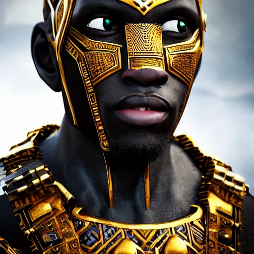 Image similar to wakandan warrior in steampunk armor, closeup portrait shot, highly detailed, photorealistic portrait, bright studio setting, studio lighting, crisp quality and light reflections, unreal engine 5 quality render