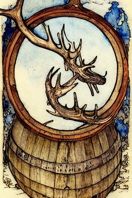 Image similar to a frothy wooden wine barrel in the center of a circular frame made of antlers, art by walter crane and arthur rackham, illustration style, watercolor