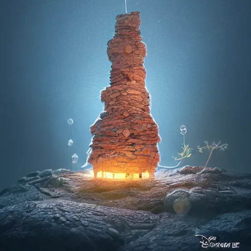 Image similar to tiny stone tower, expressive eyes, floating, rbc, radiolaria, protophyta, micro - organisms, center frame, symmetric, rim light, marine microbiology, bioluminescence, electric, fur, soft, concept art, intricate details, highly detailed, colorful, photorealistic, disney pixar, octane render, iridescent, anime