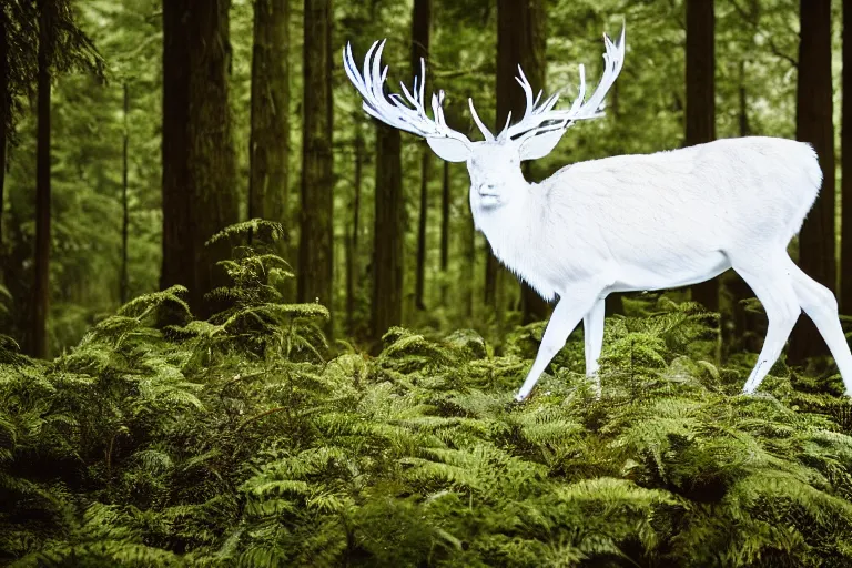 Prompt: a glowing white stag standing in ferns in the middle of the forest, at night