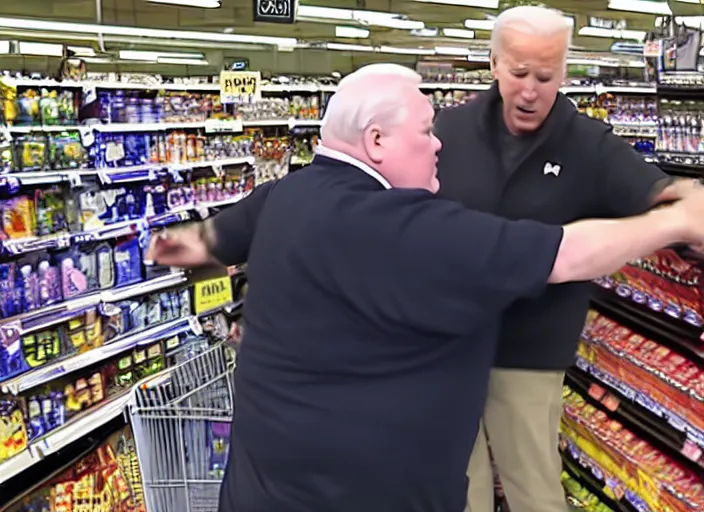 Image similar to Joe Biden fights a fat man at the supermarket, 8K, high quality, highly detailed