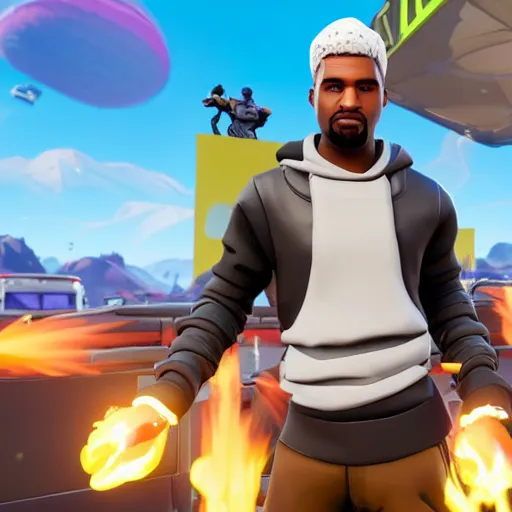 Prompt: streamer XQC playing with the new kanye west skin in fortnite gameplay, full hd 60 fps