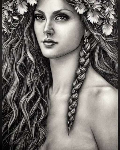 Image similar to pencil drawing of a beautiful greek goddess aphrodite wearing a laurel wreath and arrowhead earrings, beautiful confident eyes, beautiful flowing hair, hyper realistic face, in the style of artgerm, fantasy, amazing detail, epic, elegant, smooth, sharp focus, from the front, long shot