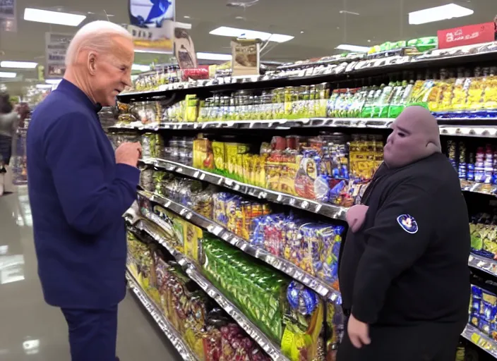 Image similar to Joe Biden fights a fat man at the supermarket, 8K, high quality, highly detailed