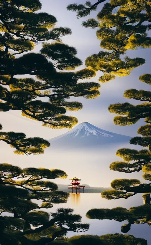 Image similar to japanese inspired poster, beautiful japanese architecture and nature, japanese beautiful aesthetic, photorealistic, lake, light rays theough the trees, 8 k image