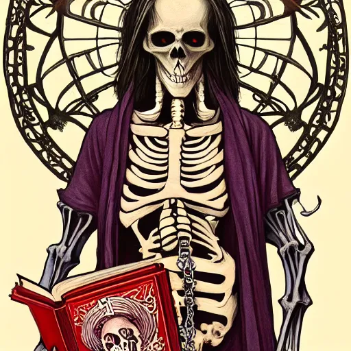 Prompt: A grim dark magic art nouveau painting of a skeleton sorcerer chanting while holding a big grimoire with chains, in the style of Julia Yurtsev and Darkchylde, Ruby insets, fantasy skull, muted colours, vibrant reds, 4k, trending on artstation, pinterest, pixiv