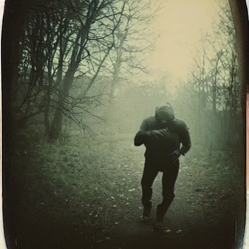 Prompt: old polaroid depicting a grey alien running away from the camera, at a clearing, at dusk