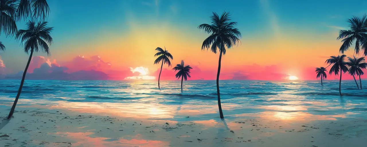 Image similar to A highly detailed wallpaper of a vaporwave beach at sunset in vaporwave style, sun, ocean, palm trees, artstation, cgsociety, masterpiece