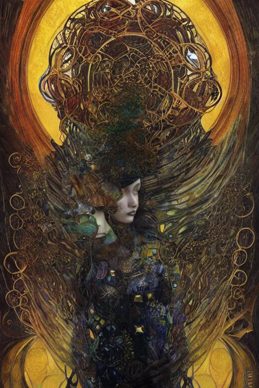 Image similar to Intermittent Chance of Chaos Muse by Karol Bak, Jean Deville, Gustav Klimt, and Vincent Van Gogh, beautiful surreal portrait, enigma, Loki's Pet Project, destiny, fate, inspiration, muse, otherworldly, fractal structures, arcane, ornate gilded medieval icon, third eye, spirals